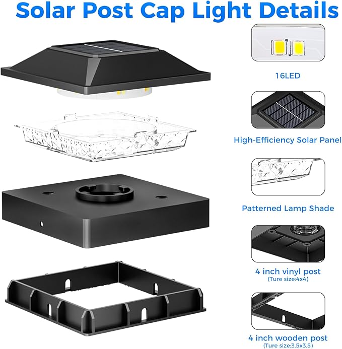 Peasur 4x4 Solar Post Cap Lights 6 Pack, 2 Modes 16 LED Post Lights Solar Powered Waterproof, Black Fence Deck Lights Fit 4x4, 3.5x3.5 Wooden/Vinyl Post for Porch Patio