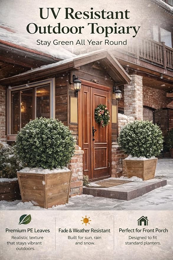 Real Touch Leaves Artificial Topiary Trees, 24" T with 17" W Faux Boxwood, Set of 2 UV Resistant Plants, Decorative Indoor Outdoor Trees with 6"x5" Pots for Home, Office, and Garden Decor