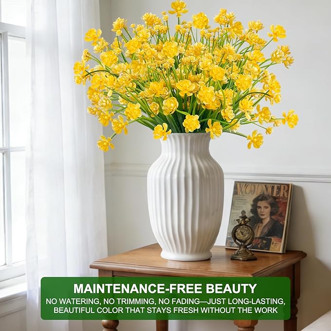 TURNMEON 20 Bundles Artificial Flowers for Outdoors, Spring Grass Camellia Fake Flowers Plastic Plants,UV Resistant No Fade Faux Greenery for Gardens Porch Yards Summer Cemetery Decor 500 Head(Yellow)