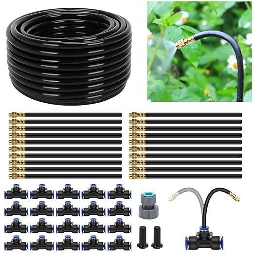 65ft Drip Irrigation System Kit with 20 Brass Spray Nozzles - 360° Adjustable Automatic Watering System for Gardens, Lawns & Greenhouses