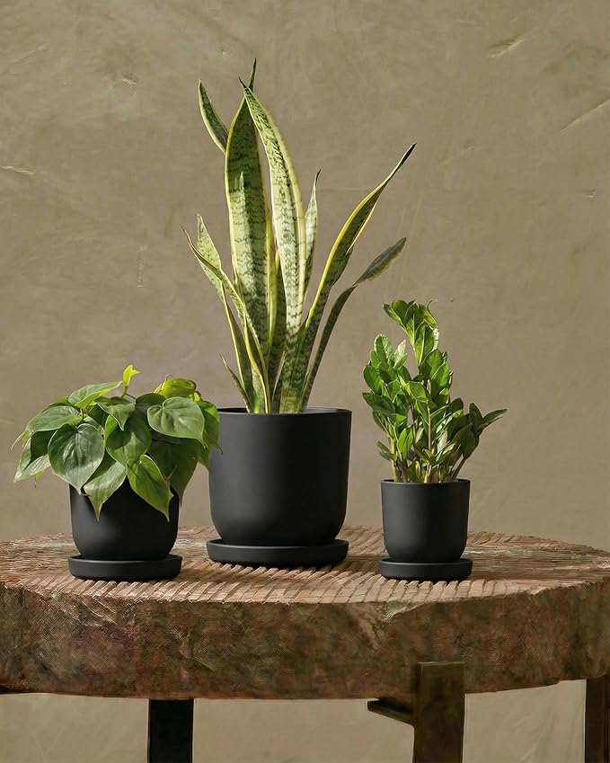 Bamworld Plant Pots Planters for Indoor Plants Flower Pots with Drainage Holes 5/6/7.5 Inch Set of 3 Plastic Planters for Outdoor Plants Garden Pots for Office Room Home Decor Black
