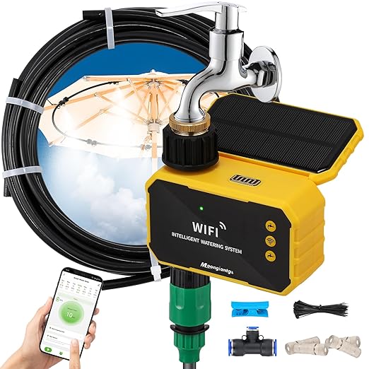 Moongiantgo Outdoor Misting Cooling System with Solar WiFi Water Timer, Misters for Outside Patio with 65.5FT(20M) Water Pipe+20 Misting Nozzles 0.02’’, Mister System for Outside Patio Garden Beaches