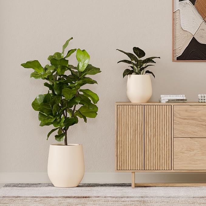 12.5" H x 11.4" D Premium Corso Fiberstone Round Tapered Planter with Drainage Hole, Smooth Finishes, Weather Resistant, Included 2 Extra Coco Mats (Kilim Beige, 9" Pot Opening)
