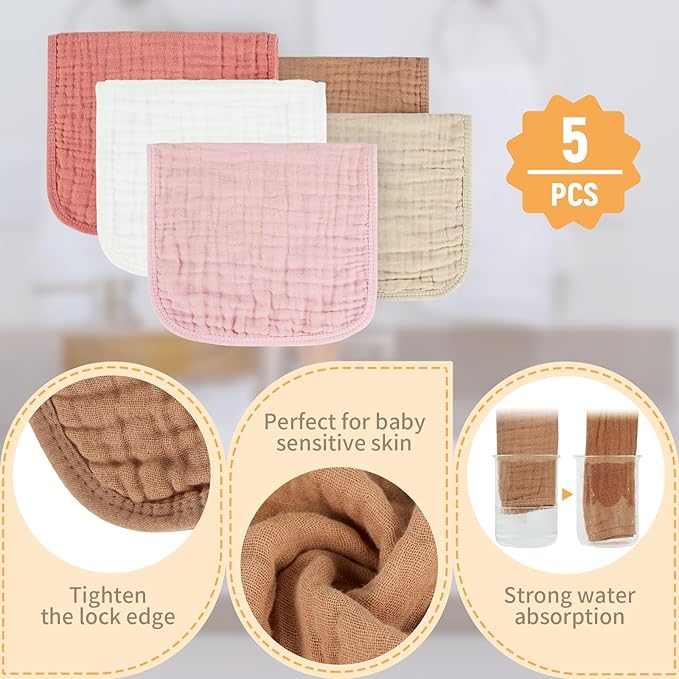 MIGIOL Baby Burp Cloths 100% Cotton Newborn Muslin Burp Cloths 10x20 inches Baby Essentials (5, Pink & Coffee)