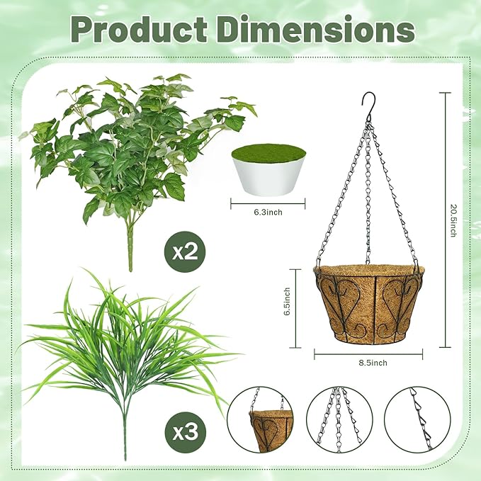 Artificial Hanging Plants with Basket, 5 PCS UV Resistant Fake Outdoor Greenery, Faux Grape Leaves for Home Garden Patio Front Porch Yard Decor