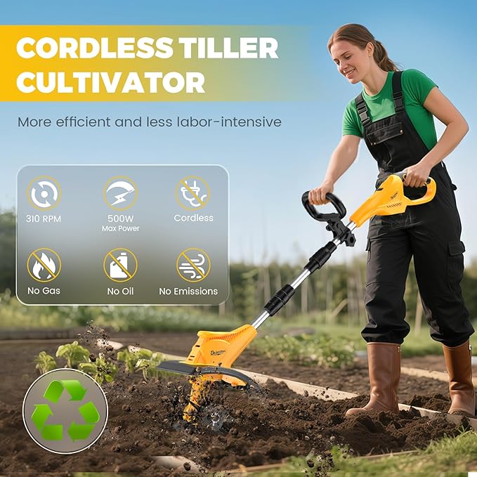 Battery Powered Tiller Compatible with Dewalt 20V Battery(Tool Only), 310RPM Folding Electric Rototiller Features 40 Steel Tines, 9.1In Tilling Width & 6.3In Depth Tiller