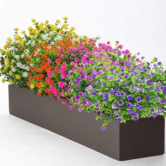 Grunyia 10 Bundles Artificial Fake Flowers, Faux Outdoor Plastic Plants UV Resistant Shrubs Outside Indoor Decorations (Blue-Eucalyptus)