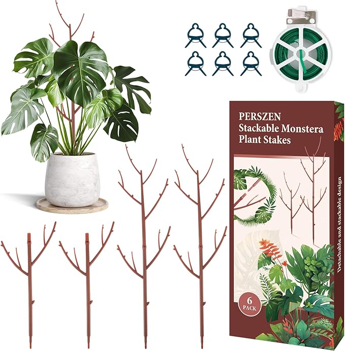 PERSZEN 6 Pack Stackable Monstera Plant Support, Plant Stakes for Indoor and Outdoor Plants Use, Garden Stakes for Climbing and Potted Plants, Pothos, Philodendron, Brown