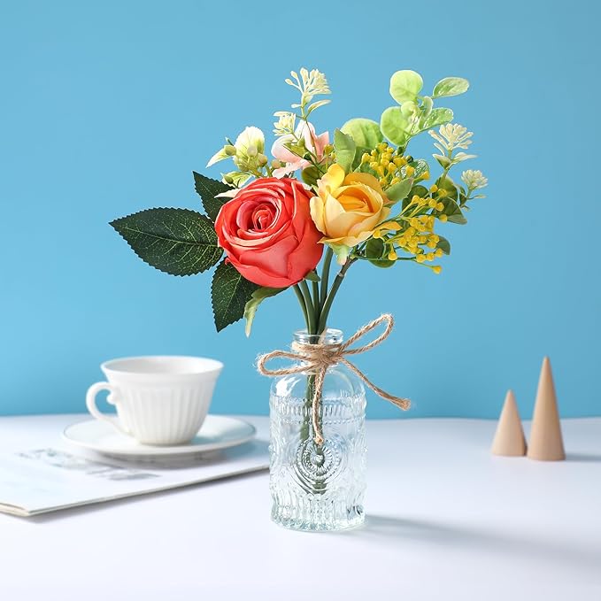 AFRITEE Artificial Flowers with Small Vase - Orange Potted Fall Rose Floral Arrangements Artificial with Small Vase for Home Living Office Wedding Coffee Centerpiece Table