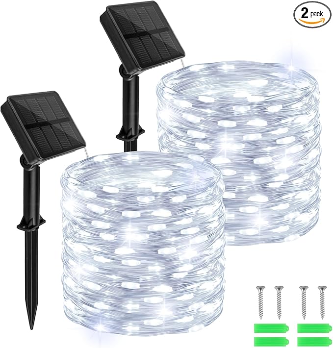 cshare Solar Fairy Lights Outdoor Waterproof,39.4ft 120LED Solar String Lights for Outside 8 Modes 2 Packs for Patio Backyard Garden Wedding Deorations Cool White