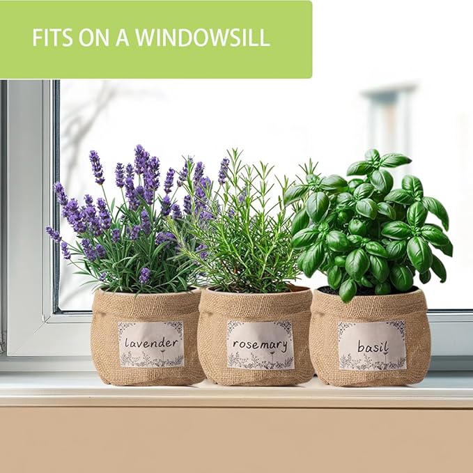 10 Sets herb pots for Indoor Plants,5 inch Clear Plastic Plant Pots with Drainage and Saucer,herb planters with Vintage Decorative Burlap Flower-Pot Cover for Windowsill, Kitchen, Balcony