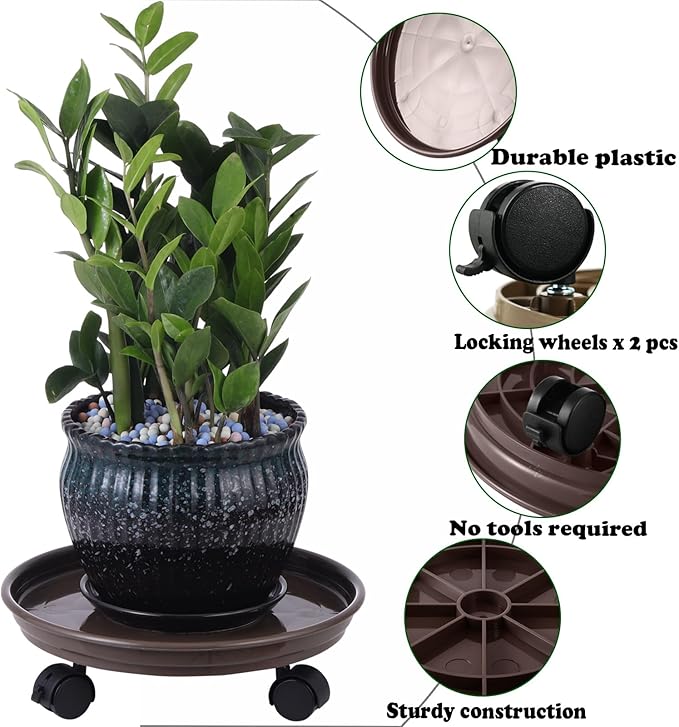 12 Packs Plant Caddy with Wheels 11.8" Plastic Rolling Plant Dolly Coasters Heavy-duty Wheeled Planter Mover Rollers Indoor Outdoor Wheeled Flower Pot Base Suacers with Casters, Brown