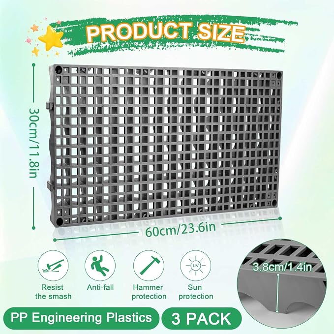 3 Pack Heavy Duty Fountain Basin Grate, 24"x 12" Pondless Waterfall Kit, Water Grid for Raised Beds, Rectangular Hide Reservoir Grates for Indoor & Outdoor Ponds, Waterfall Fountains, Water Gardens