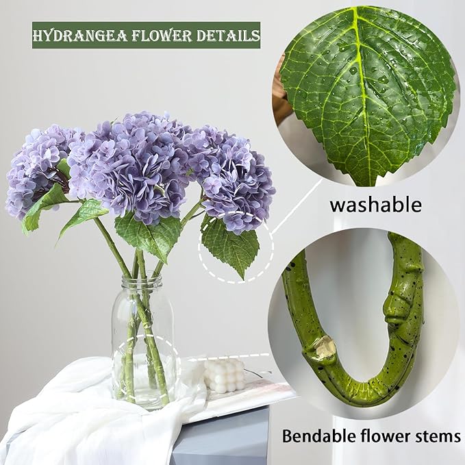 Buart 3PCS Long Stem Big Size Flowers Artificial Silk Hydrangea Lifelike Flowers Real Touch Purple Artificial Flowers Wedding Shower Bride Bouquets Office Living Room Table Decorations (21 Inch)
