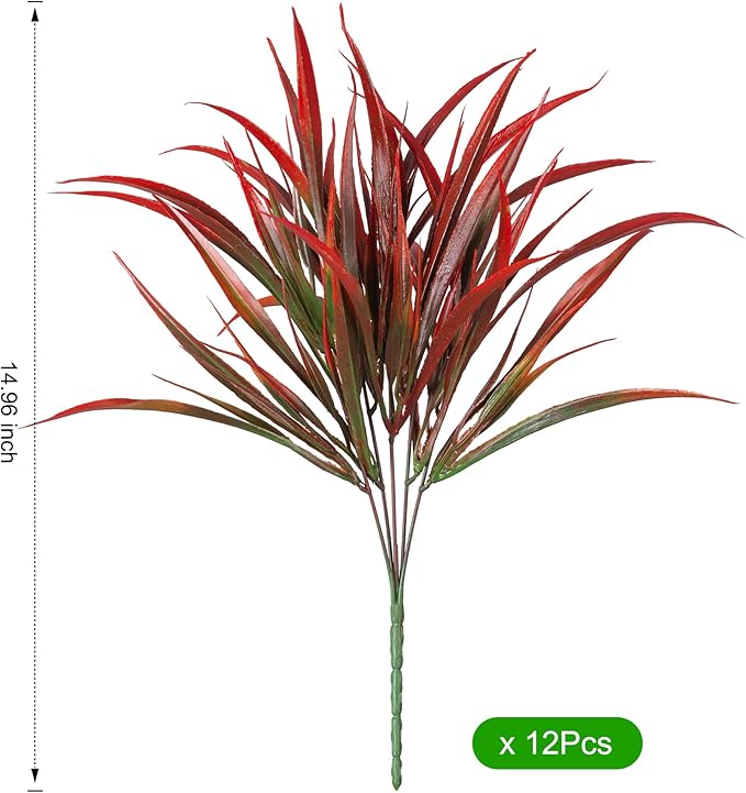 Ivydale 12Pcs Artificial Plants Outdoor Fake Plastic Grass Fall Decoration UV Resistant Faux Greenery Stems Bushes Outside Fake Plants for Planters Patio Porch Window Garden Home Decor