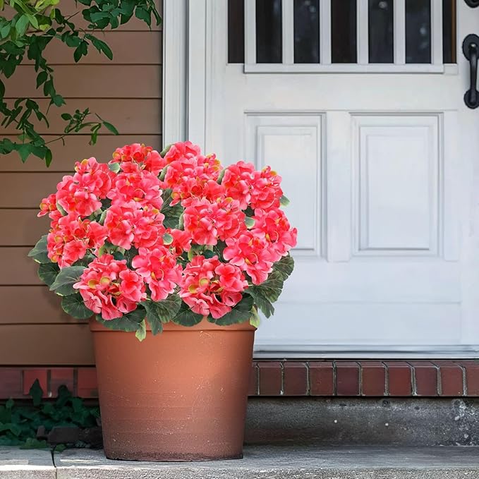 2 Pack Artificial Geranium Fake Flowers for Outdoors Spring Summer Decor, Silk Geraniums Flowers UV Resistant Faux Flower Potted Plants for Gardens Farmhouse Indoor Home Table Decor (Rose Red)