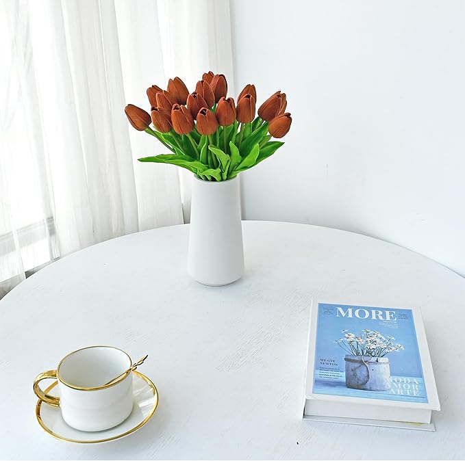 Mandy's Burnt Orange Artificial Tulips Flowers Centerpiece, 13.5" Lifelike PU Fake Floral Stems 20pcs for Kitchen Island & Dining Table, Spring Decor for Easter