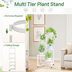 iDavosic.ly Plant Stand Indoor Outdoor, 5 Tier Corner Metal Flower Display Holder Shelf, Folding Tall Orchid Rack for Patio Balcony Porch Garden Living Room House, Wrought Iron - White