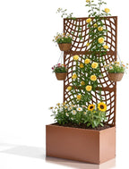 Outvita Metal Planter Box with Trellis, 71’’ x 32’’ x 16’’ Raised Garden Bed with Drainage Holes for Climbing Plants, Vegetables, Vines, Wavy Grid Cutout Privacy Planters for Patio (Brown)