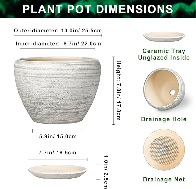 Ceramic Plant Pots Indoor - 10 Inch Planter with Drainage Hole and Saucer, Modern Planters for Indoor Outdoor Plants, Large Flower Pots, Bedroom Decor, Gardening Gifts, Textured Grey