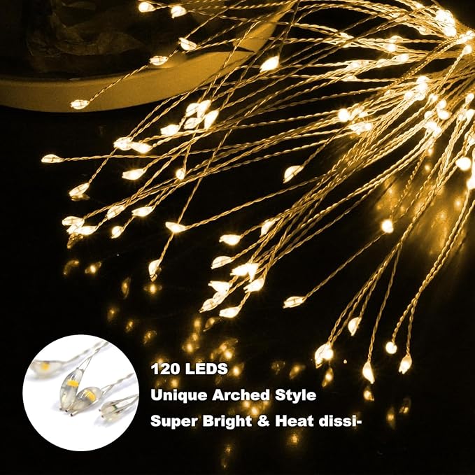 Anordsem Solar Lights Outdoor Waterproof: 2 Pack Garden Light - Bendable Copper Wire with 120 LED Firework Beads - DIY Warm Fun Decoration for Yard Patio - Twinkle Sparkler Gifts for Women Wife