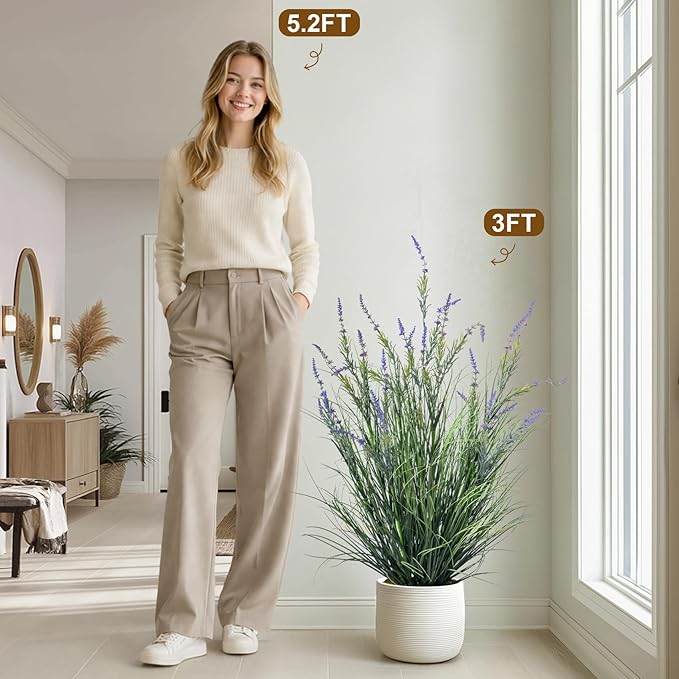 2 Pack Lifelike Artificial Tall Grass Plant Indoor Outdoor Fake Lavender Faux Plastic plantas Synthetic Pampas Grass Artificial Cattail Reed Grass for Home Office Patio Decor Housewarming Gift