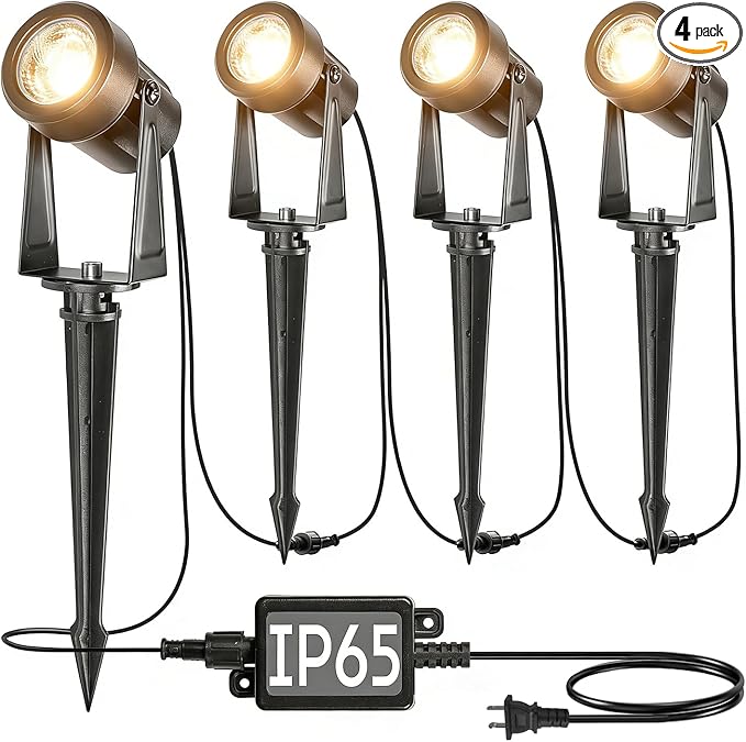 SUNTHIN Outdoor Landscape Lighting, 4 Pack Outdoor Spot Lights with Transformer for Yard, Plant, Lawn, Tree, Flags, House, Garden, Fence Use, IP65 Waterproof & Connectable