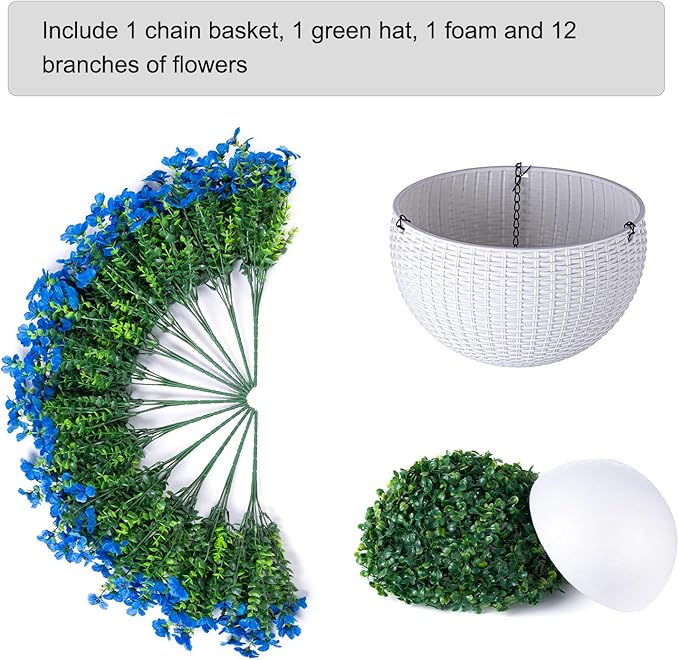 HyeFlora Artificial Fake Hanging Plants Flowers Basket for Outdoor Outside Decoration, Faux Silk Blue Daisy UV Resistant Look Real for Porch Patio Balcony Home Yard