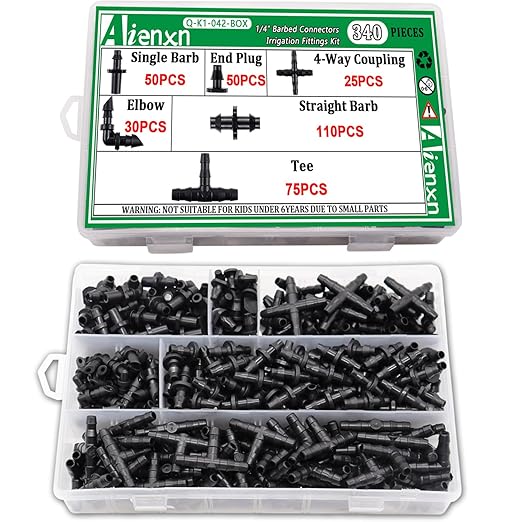 340PCS 1/4" Drip Irrigation Kit Barbed Connectors, Straight Barb, Tee, Single Barb, End Plug, Elbow, 4 Way Coupling Irrigation Fittings for Garden Lawn Flower Pot