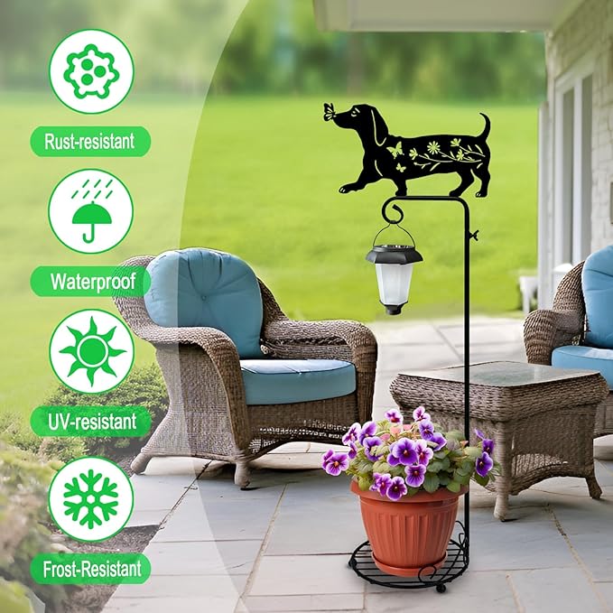 Solar Floor Lamp with Plant Stand Outdoor,Metal Dachshund Dog Garden Decorations,Solar Lanterns Outdoor Front Porch Decor for Deck,Patio,Yard