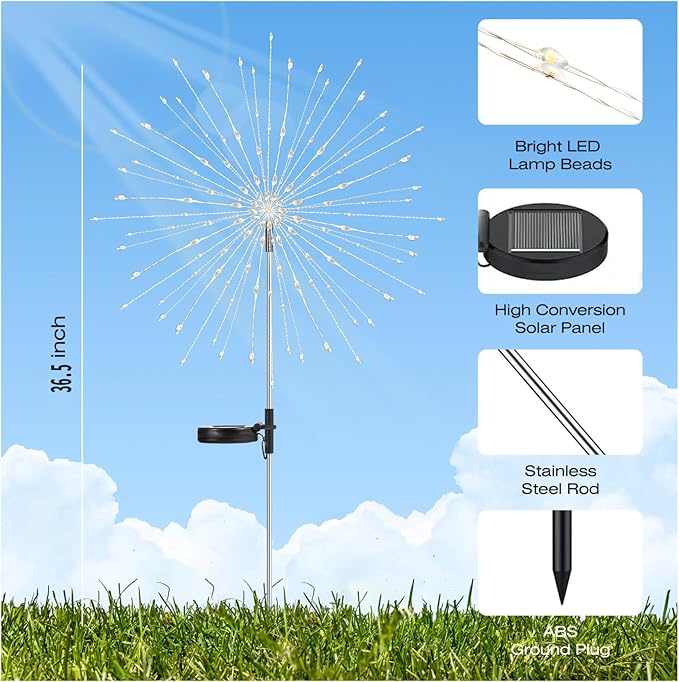 2 Pack 250LED Solar Garden Lights Outdoor, Dual Lighting Modes Firework Lights Solar Powered, Waterproof Twinkle Fairy Light Outside for Yard Patio Pathway Christmas Party Decorative(Cool White)