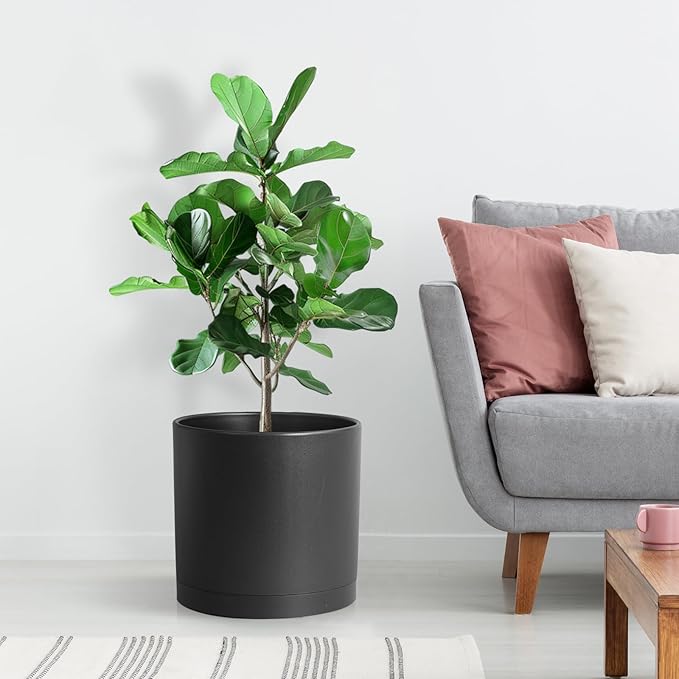 WSMKSZ 12 inch Large Deep Plant Pots for Outdoor Indoor Plants, Tall Cylinder Flower Pots with Drainage Holes and Saucer, Big Decorative Plastic Planter Pots for Garden Porch House Plants, Black