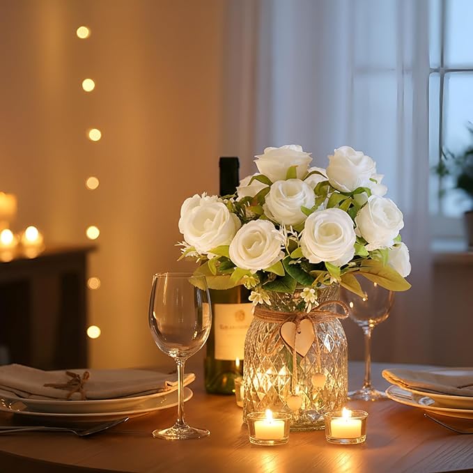 Faux Flowers in Vase, 18 Pcs Fake Rose Flowers, Artificial Flowers for Home Decor, Indoor Centerpiece for Living Room & Dining Table - White