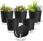 Plant Pots 5 Inch Self Watering Pots,6 Pack Plastic Planters with Drainage Holes and Clear Saucers,Plastic Flower Pots,Nursery Planting Pot for Indoor Out Door Plants (Black)