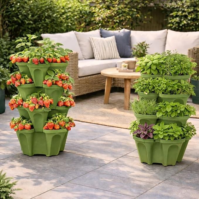 Vertical Garden Planter Stackable System 4 Plants per Pot, Space Saving Herb, Strawberry & Food Crop Planter with Center Support Hole for Indoor Outdoor Gardening (36, Sagebrush Green, Small)