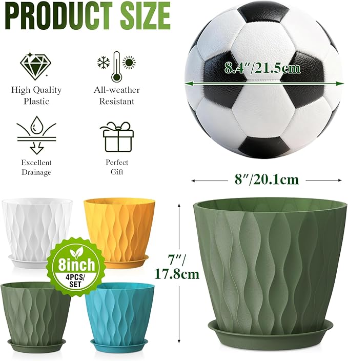 8" Water Wave Plant Pots with Drainage Holes & Saucers, 4 Pack Modern Textured Medium Planters for Indoor Outdoor Plants, Decorative Flower Pots Repotting Set for Flowers, Herbs (Multicolor)