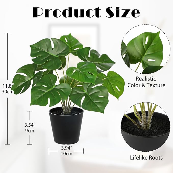 Briful Fake Plants 11.8'' Realistic Monstera Plant Artificial Potted Indoor Plant Houseplant in Black Pot for Home Decor Wedding Centerpiece Dining Table Farmhouse, Green Leaves