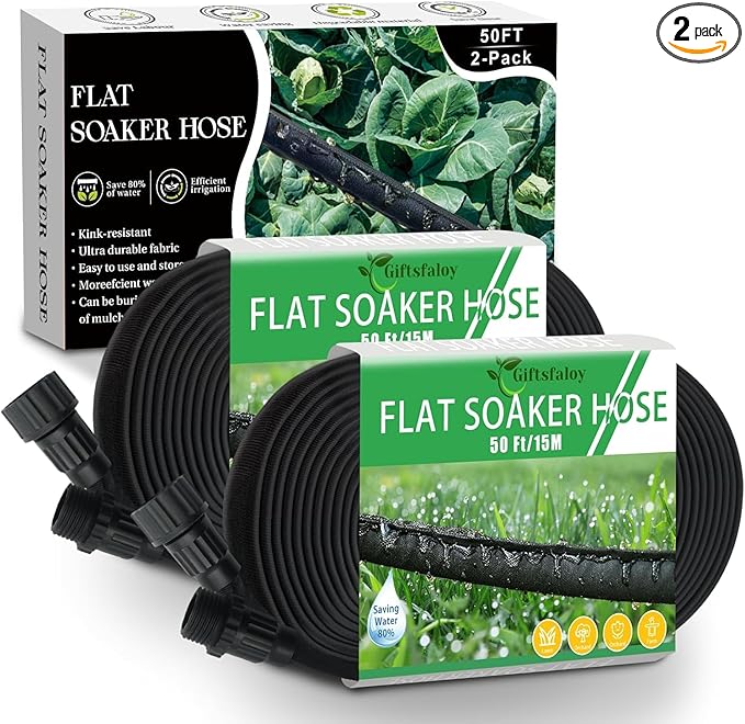 Flat Soaker Hose, Garden Hose with Heavy Duty Double Layer Design, Drip Irrigation Hose Saves 80% Water, Leak Proof Sprinkler Hose for Garden, Lawn, Vegetable plot (100FT)