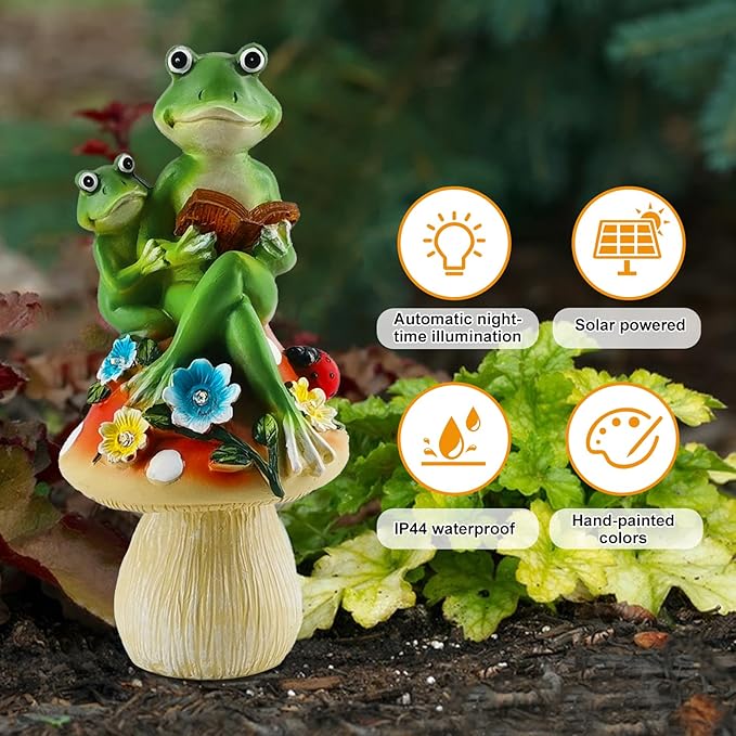Frog Statues for Garden,Mushroom Frog Statue Solar Garden Statues with 5 LED Lights,for Lawn Patio Porch Yard Decor Gifts for Women/Mom/Grandma