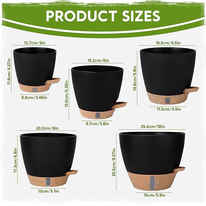 Self-Watering Pots for Indoor Plants with Visible Water Window,5/6/6.5/8/10 Inch Outdoor Flower Pots with Drainage Holes & Reservoir for Patio, Home Decor (Black)