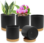 WSMKSZ 5 Pack Cylindrical Flower Pots with 7/6.5/6/5/4 inch, Modern Small Plastic Plant Pots with Drainage Holes & Saucers, Round Planter Pots for Outdoor, Indoor & Office Decor (Black Brown)