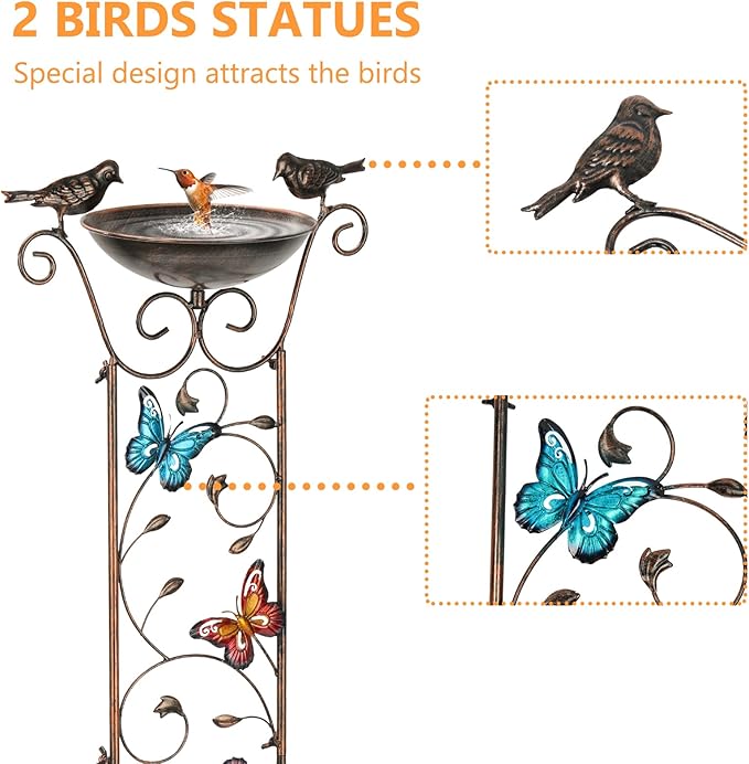 Bird Bath for Outside, Freestanding Birdbath and Trellis 2 in 1 | 43.5 In, Antique Iron, Rust-Proof, Decorative with Butterflies, Detachable Drinking Basin Bowl, Birdfeeder Station