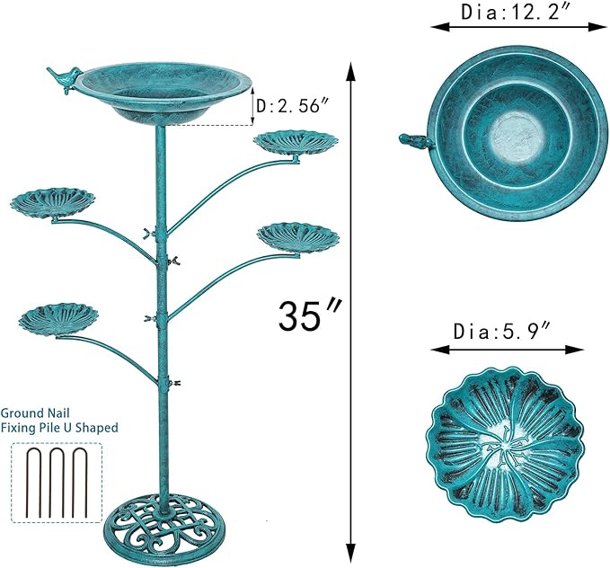 HOUYANG 35 "H Cast Iron Base Bird Bath for Outside, Metal Bird Feeding Bowl Tray, Metal Bird Bath Garden Patio Decor(Green)