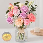 Livole 22Pcs Fake Flowers in Vase Silk Artificial Flowers with Vase & Light Fake Plant Eucalyptus Flower Arrangement for Table Centerpieces Decor for Living Room Coffee Home Farmhouse Purple