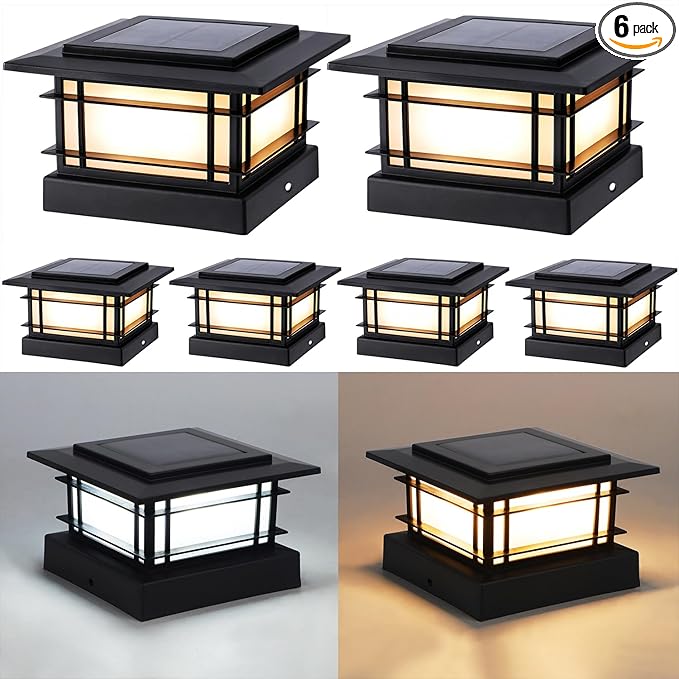 Dynaming 4x4 Solar Post Cap Lights Outdoor with 2 Color Modes, Upgrade Fence Post Solar Lights Black Shell for 4x4 Vinyl/Wooden Posts, Brightness LED Lighting Decor for Garden Deck Patio, 6 Pack