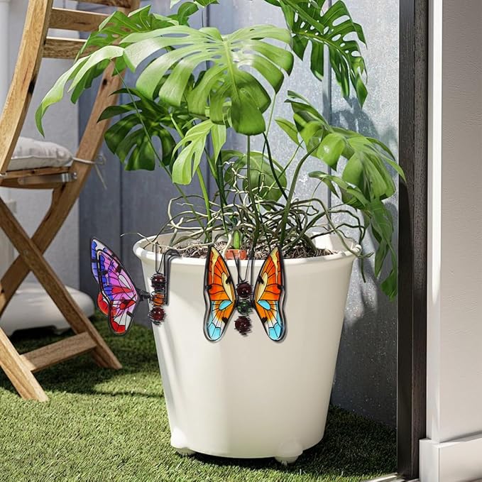 Totority Metal Butterfly Plant Pot Hangers 3Pcs Decorative Glass Flower Pot Hugger Figurines - Unique Outdoor Planter Ornaments & Indoor Garden Art Accessories - Stained Glass Style Present
