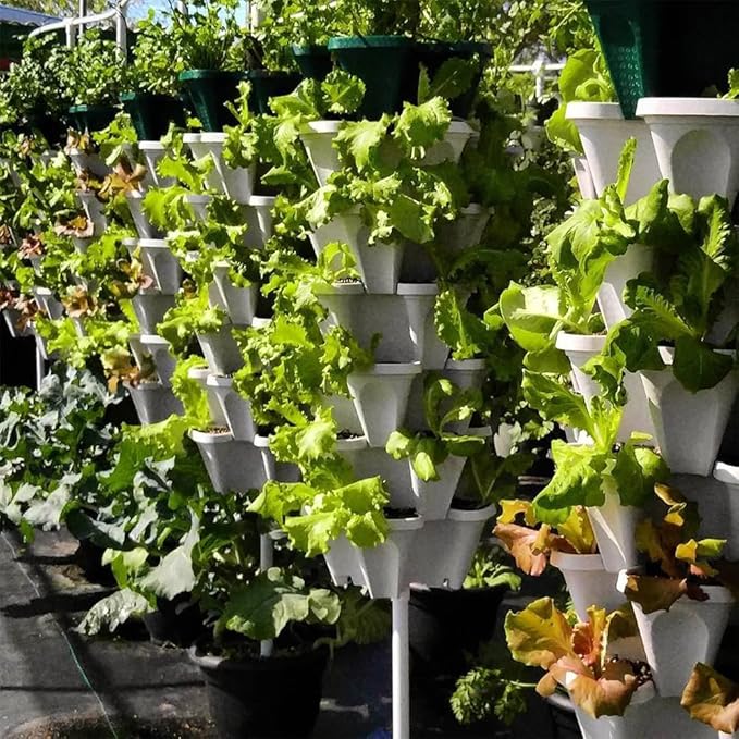 Vertical Garden Planter Stackable Tiered System 4 Plants per Pot, Space Saving Herb, Strawberry & Food Crop Planter with Center Support Hole for Indoor Outdoor Gardening (36, Stone, Small)