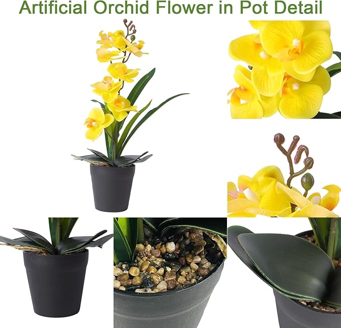 Real Touch Artificial Orchids Flower in Pot, Yellow Faux Orchids Flowers with Vase Fake Phalaenopsis Orchids Arrangement for Table Centerpiece Wedding Party Office Decor