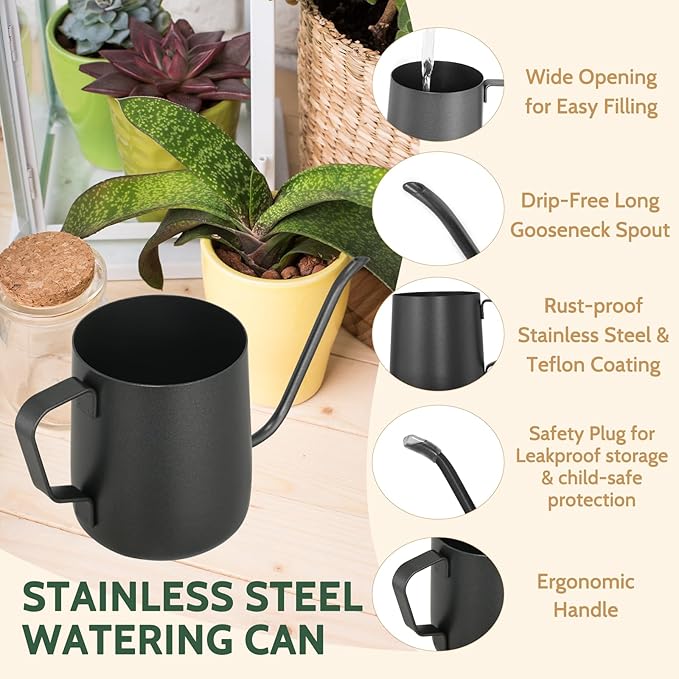 Small Watering Can Indoor Plants - 12 oz Mini Metal Watering Can with Long Spout Rust-Proof Stainless Steel Tiny Watering Pot for Small Indoor Plants Home & Office Black