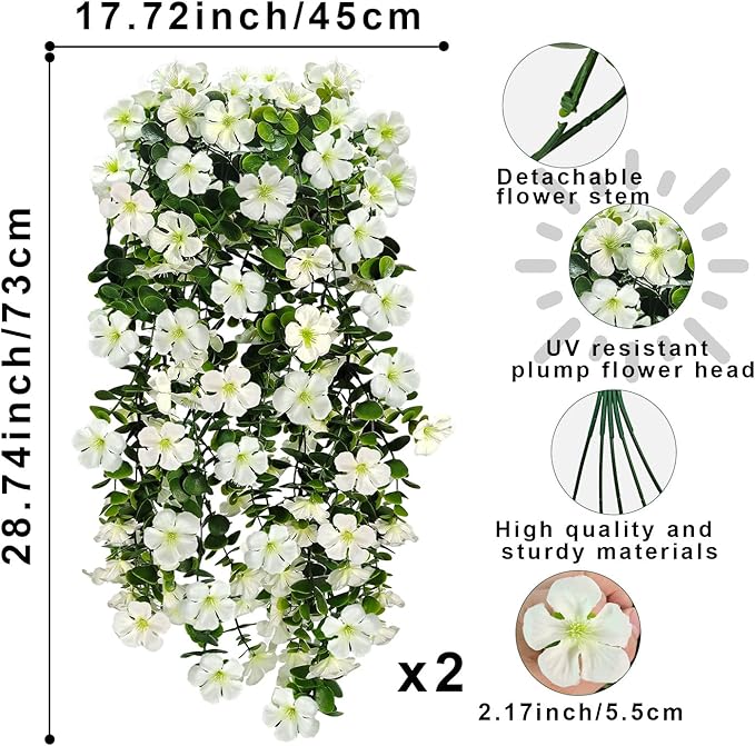 Artificial Geranium Hanging Flowers for Outdoor Decoration, 2 Bundles UV Resistant Silk Geranium Fake Plants Faux Flowers for Front Porch Garden Patio Window Box Outside Indoor Decor (White)